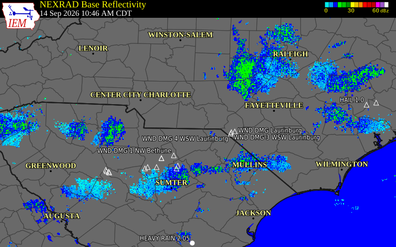 Current NEXRAD radar over Anson County, North Carolina with recent storm report locations
