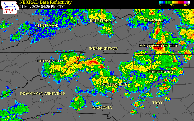 NEXRAD radar during the Thursday, May 21, 2026 storm activity in Ashe County, North Carolina
