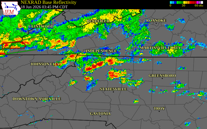 NEXRAD radar during the Thursday, June 18, 2026 storm activity in Ashe County, North Carolina