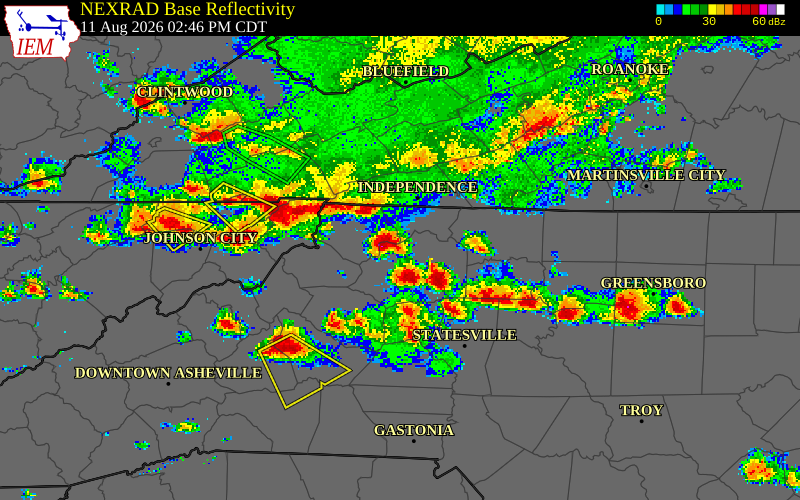 NEXRAD radar during the Tuesday, August 11, 2026 storm activity in Ashe County, North Carolina