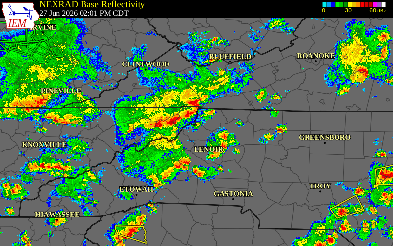 Radar snapshot during the Jun 27, 2026 wind event near Ashe County, Ashe County, North Carolina, with NWS warning polygons