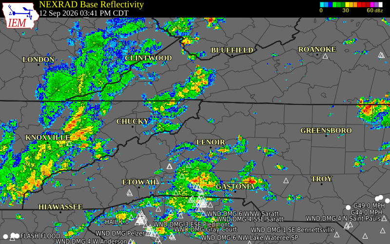 Current NEXRAD radar over Ashe County, North Carolina with recent storm report locations