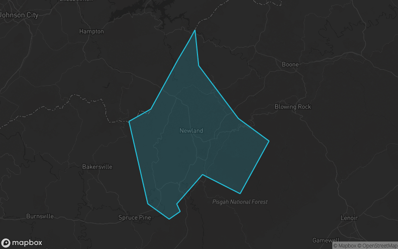 Map of Avery County, North Carolina showing the county boundary and surrounding cities