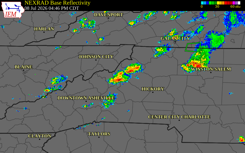 NEXRAD radar during the Wednesday, July 8, 2026 storm activity in Avery County, North Carolina