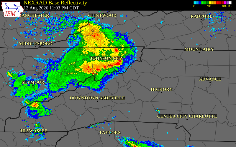 NEXRAD radar during the Thursday, August 13, 2026 storm activity in Avery County, North Carolina