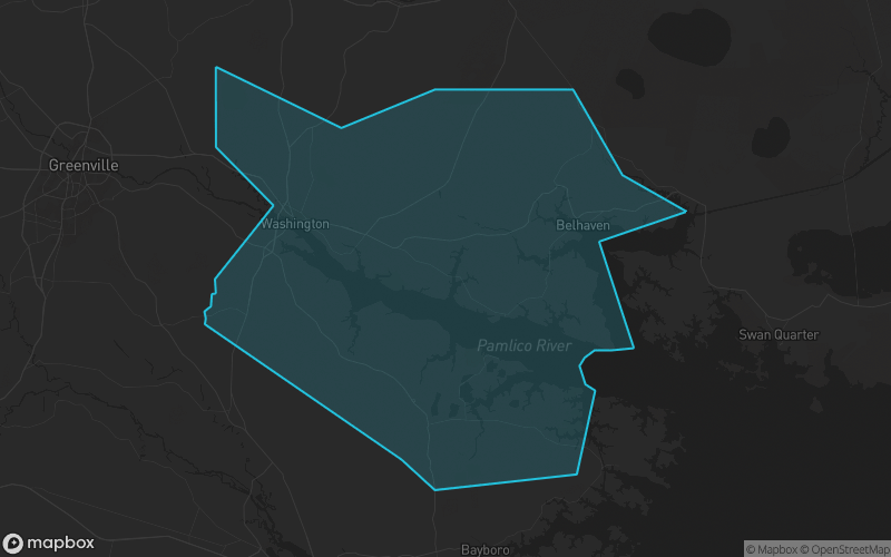 Map of Beaufort County, North Carolina showing the county boundary and surrounding cities