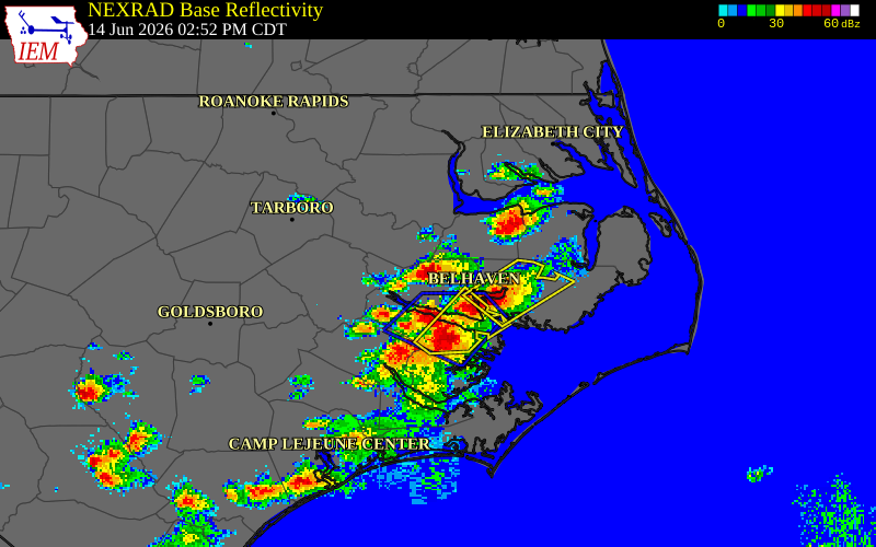NEXRAD radar during the Sunday, June 14, 2026 storm activity in Beaufort County, North Carolina