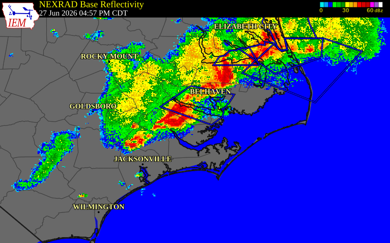 NEXRAD radar during the Saturday, June 27, 2026 storm activity in Beaufort County, North Carolina
