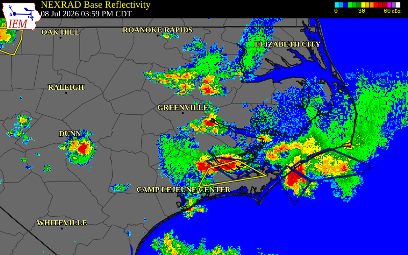 NEXRAD radar during the Wednesday, July 8, 2026 storm activity in Beaufort County, North Carolina