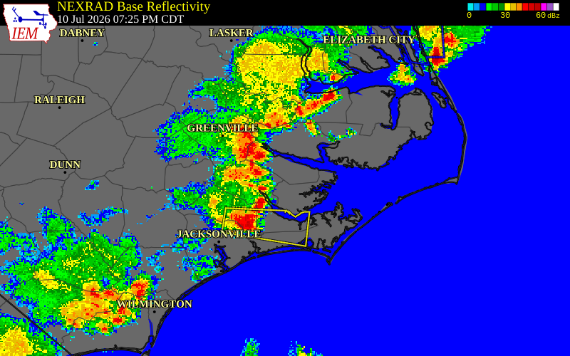 NEXRAD radar during the Friday, July 10, 2026 storm activity in Beaufort County, North Carolina