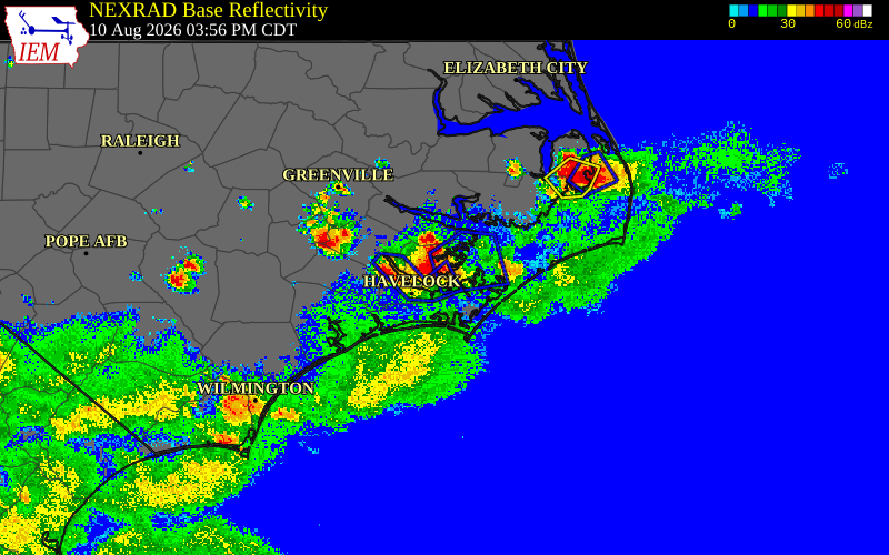 Radar snapshot during the Aug 10, 2026 wind event near Beaufort County, Beaufort County, North Carolina, with NWS warning polygons