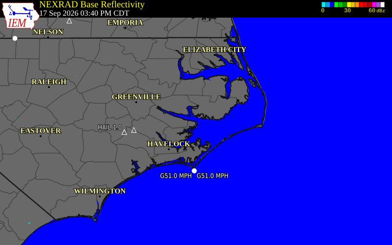Current NEXRAD radar over Beaufort County, North Carolina with recent storm report locations