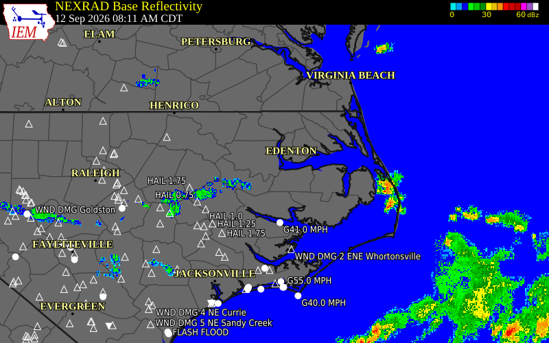 Current NEXRAD radar over Bertie County, North Carolina with recent storm report locations
