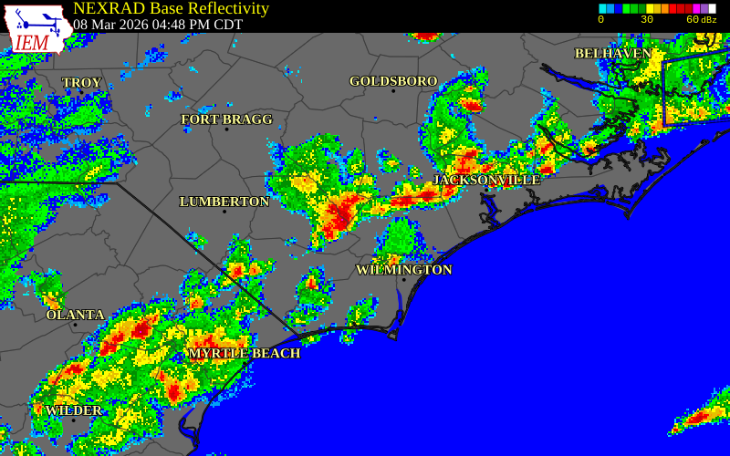 NEXRAD radar during the Sunday, March 8, 2026 storm activity in Bladen County, North Carolina