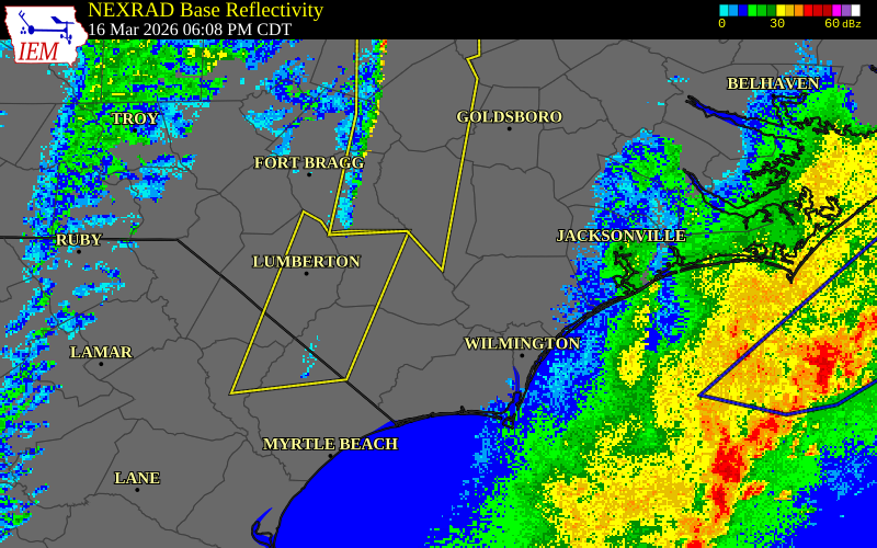 NEXRAD radar during the Monday, March 16, 2026 storm activity in Bladen County, North Carolina