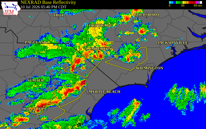 NEXRAD radar during the Friday, July 10, 2026 storm activity in Bladen County, North Carolina