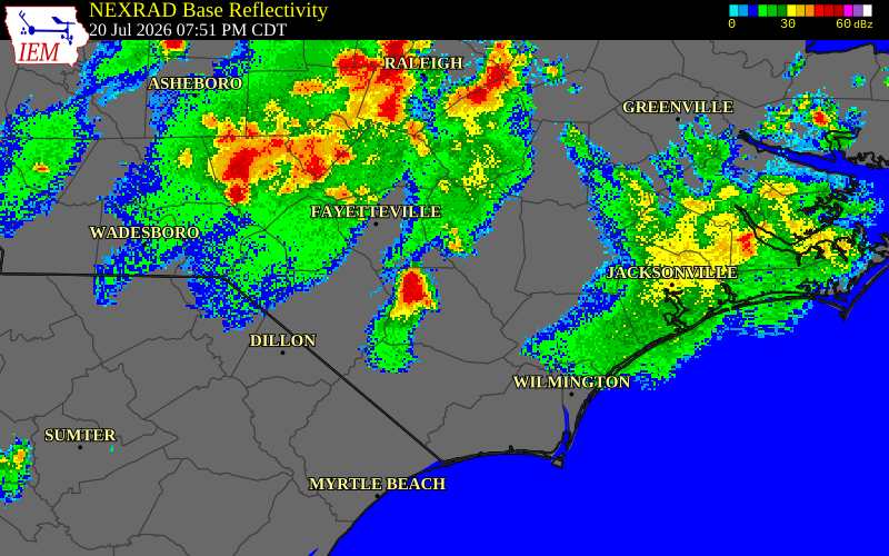 NEXRAD radar during the Monday, July 20, 2026 storm activity in Bladen County, North Carolina