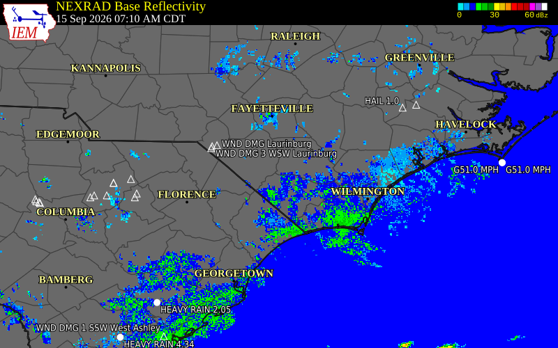 Current NEXRAD radar over Bladen County, North Carolina with recent storm report locations
