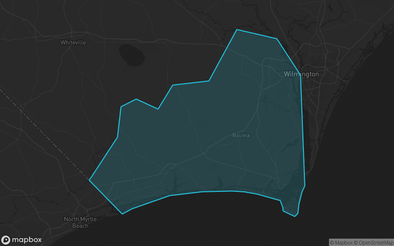 Map of Brunswick County, North Carolina showing the county boundary and surrounding cities