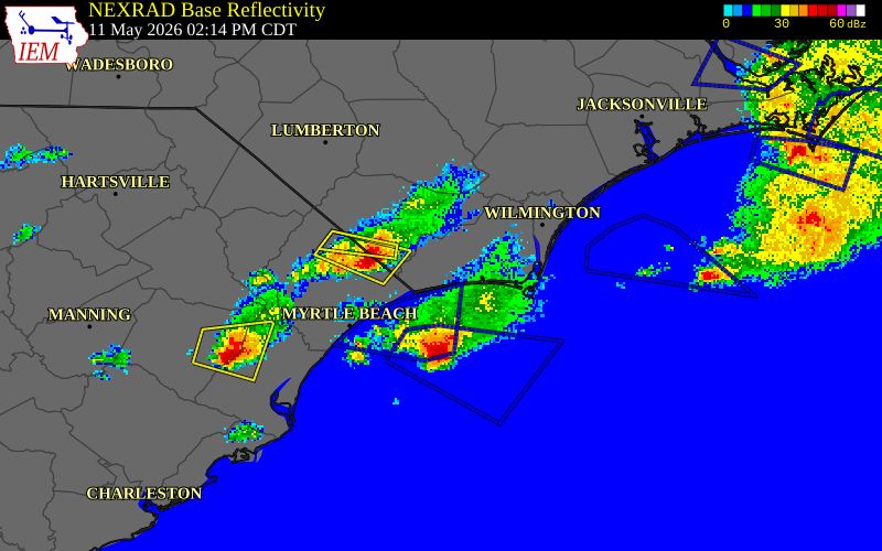 NEXRAD radar during the Monday, May 11, 2026 storm activity in Brunswick County, North Carolina