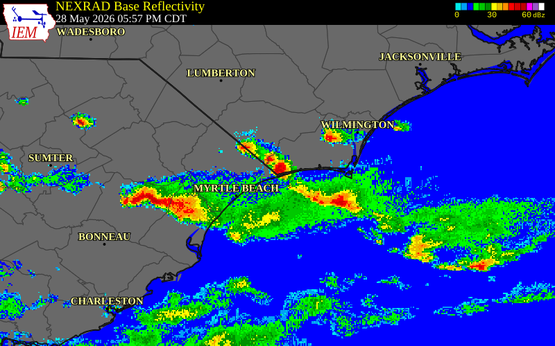 NEXRAD radar during the Thursday, May 28, 2026 storm activity in Brunswick County, North Carolina