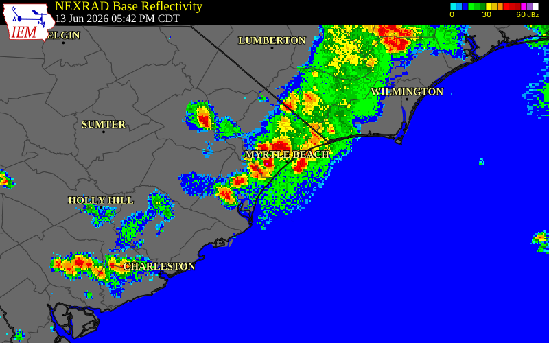 NEXRAD radar during the Saturday, June 13, 2026 storm activity in Brunswick County, North Carolina