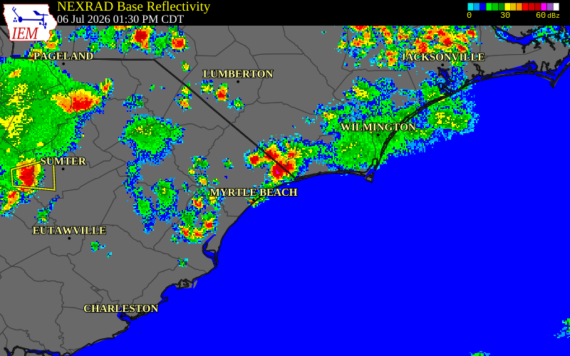 NEXRAD radar during the Monday, July 6, 2026 storm activity in Brunswick County, North Carolina