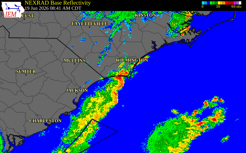 Radar snapshot during the Jun 19, 2026 wind event near 3 E Oak Island, Brunswick County, North Carolina, with NWS warning polygons