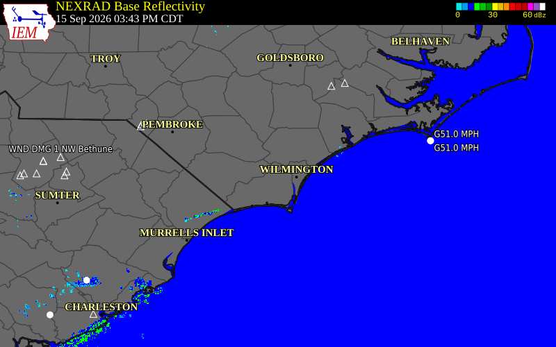 Current NEXRAD radar over Brunswick County, North Carolina with recent storm report locations