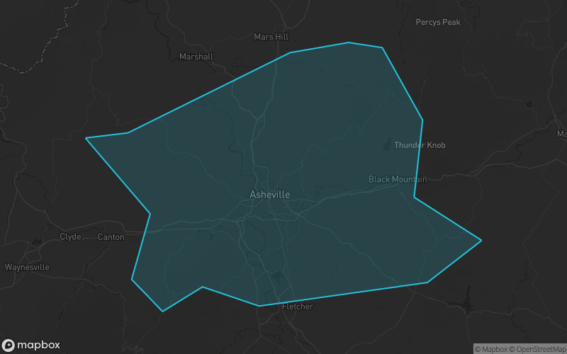 Map of Buncombe County, North Carolina showing the county boundary and surrounding cities