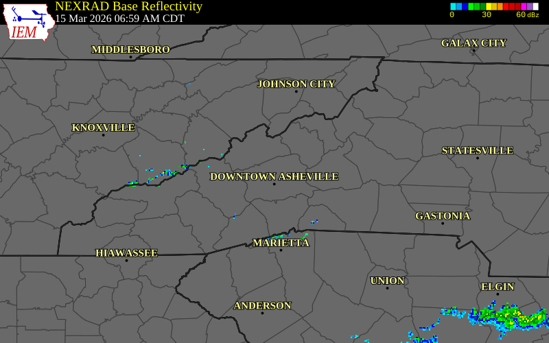 NEXRAD radar during the Sunday, March 15, 2026 storm activity in Buncombe County, North Carolina