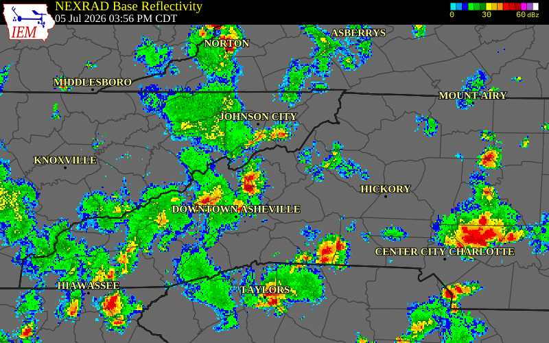 NEXRAD radar during the Sunday, July 5, 2026 storm activity in Buncombe County, North Carolina