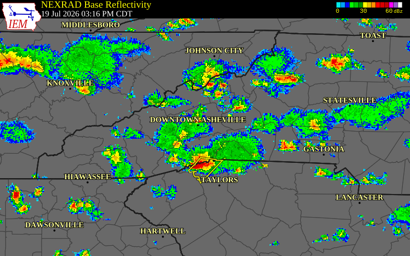 NEXRAD radar during the Sunday, July 19, 2026 storm activity in Buncombe County, North Carolina