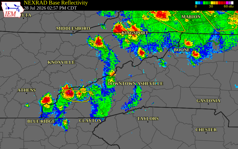 NEXRAD radar during the Tuesday, July 28, 2026 storm activity in Buncombe County, North Carolina