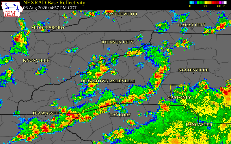 NEXRAD radar during the Thursday, August 6, 2026 storm activity in Buncombe County, North Carolina