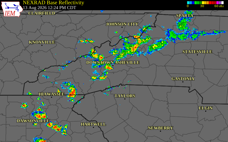 NEXRAD radar during the Thursday, August 13, 2026 storm activity in Buncombe County, North Carolina
