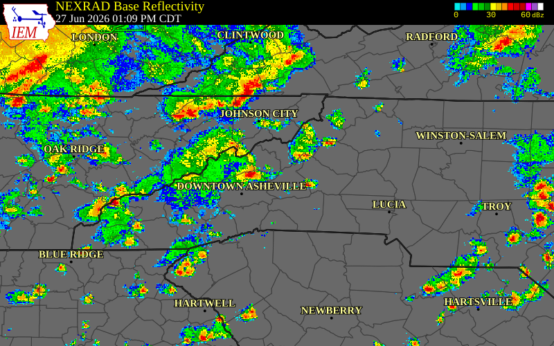 Radar snapshot during the Jul 28, 2026 wind event near Buncombe County, Buncombe County, North Carolina, with NWS warning polygons