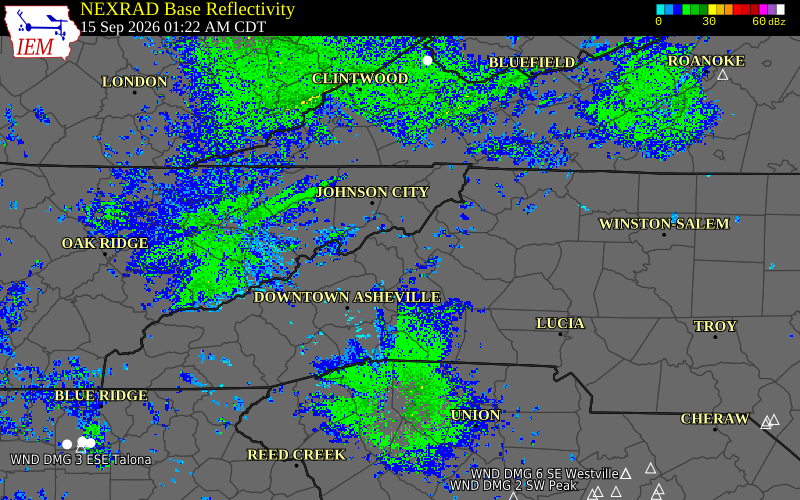 Current NEXRAD radar over Buncombe County, North Carolina with recent storm report locations