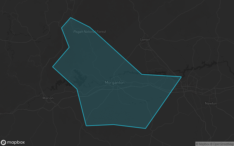Map of Burke County, North Carolina showing the county boundary and surrounding cities