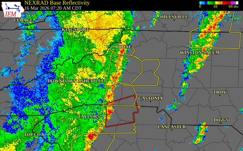 NEXRAD radar during the Monday, March 16, 2026 storm activity in Burke County, North Carolina