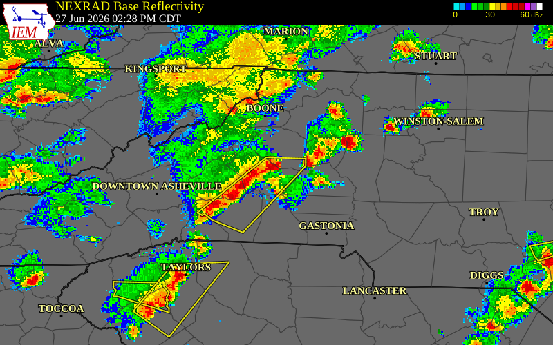 NEXRAD radar during the Saturday, June 27, 2026 storm activity in Burke County, North Carolina
