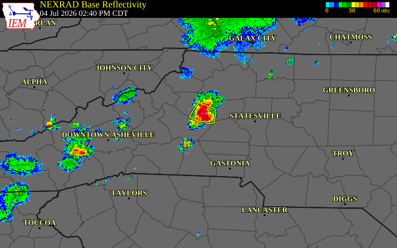 NEXRAD radar during the Saturday, July 4, 2026 storm activity in Burke County, North Carolina