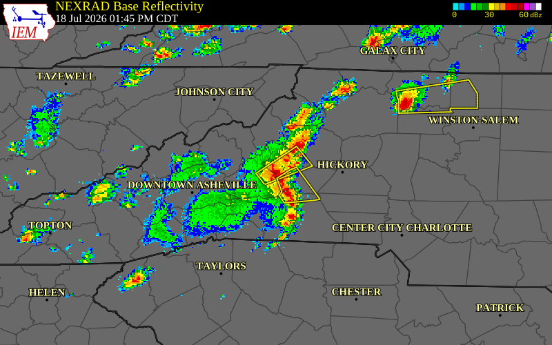 NEXRAD radar during the Saturday, July 18, 2026 storm activity in Burke County, North Carolina