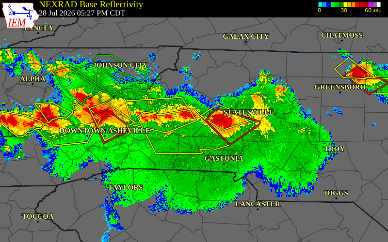 NEXRAD radar during the Tuesday, July 28, 2026 storm activity in Burke County, North Carolina