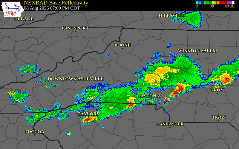 NEXRAD radar during the Saturday, August 8, 2026 storm activity in Burke County, North Carolina