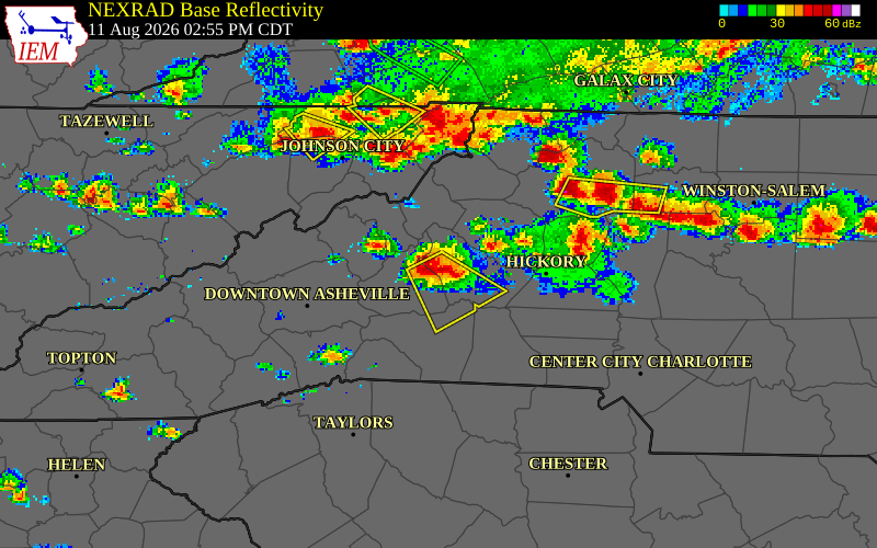NEXRAD radar during the Tuesday, August 11, 2026 storm activity in Burke County, North Carolina