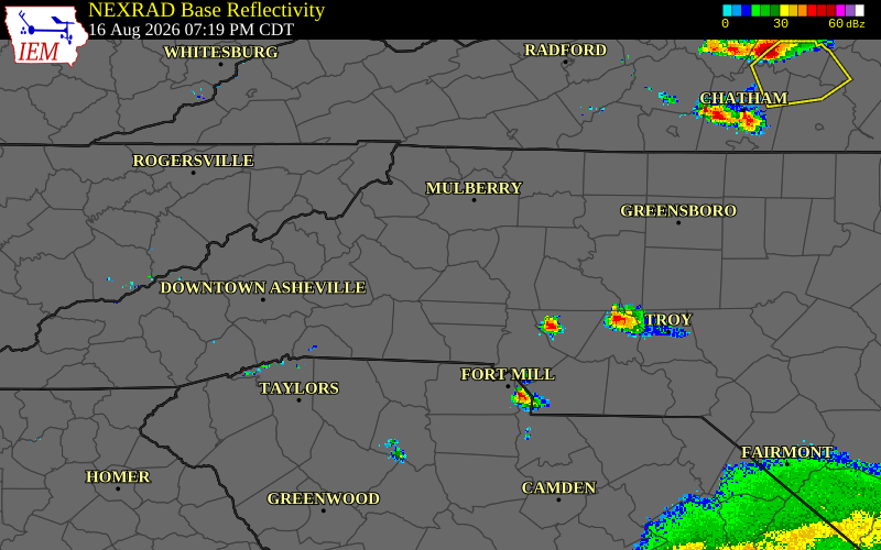 Radar snapshot during the Aug 11, 2026 wind event near 4 ENE Nebo, Burke County, North Carolina, with NWS warning polygons
