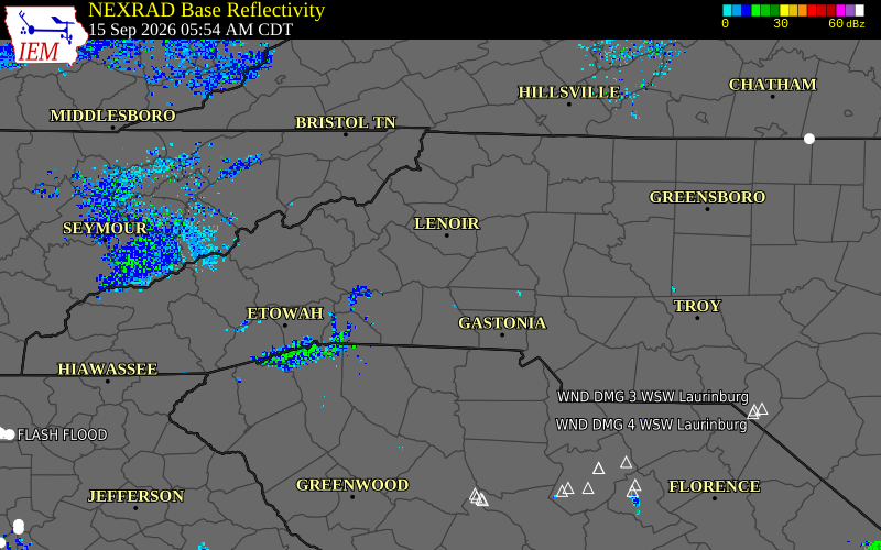 Current NEXRAD radar over Burke County, North Carolina with recent storm report locations
