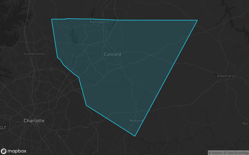 Map of Cabarrus County, North Carolina showing the county boundary and surrounding cities