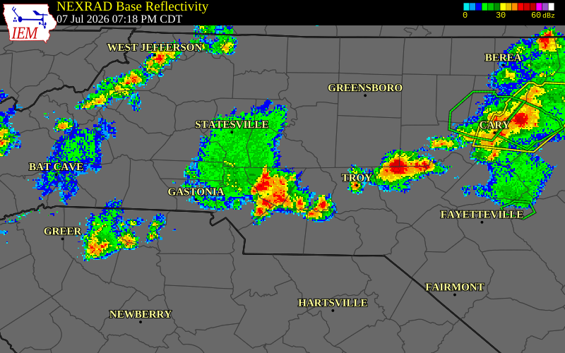 NEXRAD radar during the Tuesday, July 7, 2026 storm activity in Cabarrus County, North Carolina